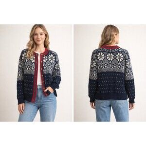 Vtg Alps Fine Women’s Apparel 100% Wool Blue Nordic Ski Cardigan Sweater Medium